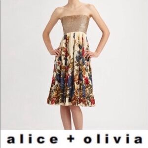 Alice + Olivia gold sequin floral strapless printed dress Sz 6